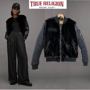 TRUE RELIGION Black Faux Fur Bomber Quilted Jacket Winter Coat Puffer Motorcycle